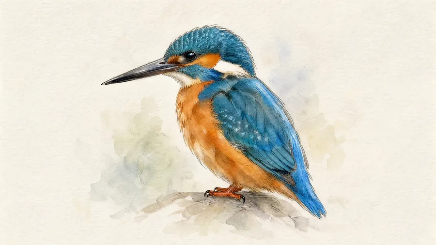 Watercolour portrait of a Common Kingfisher above water.