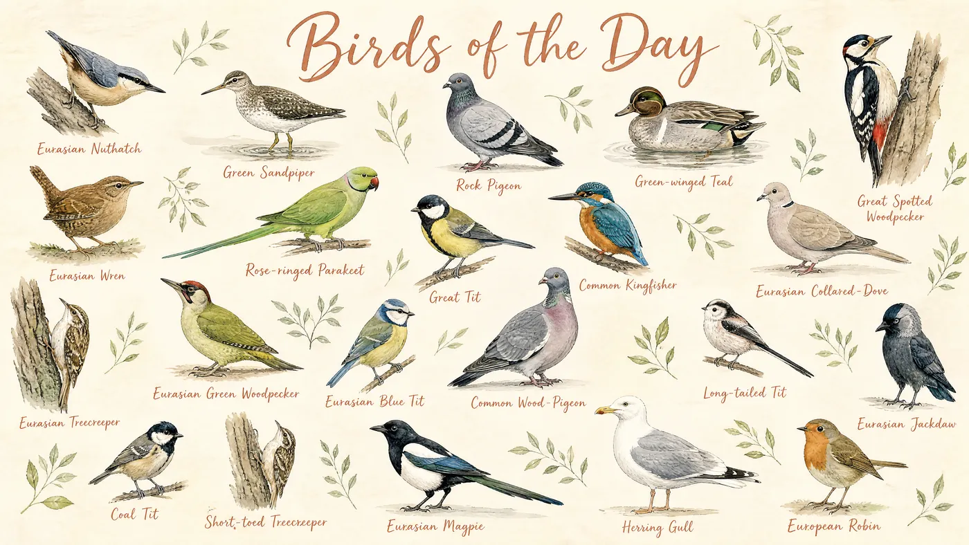 A watercolour plate poster with the day's birds painted together and their names lettered beneath.