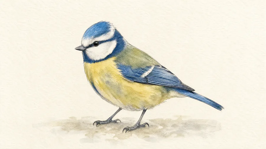 Watercolour portrait of a Eurasian Blue Tit among leaves.