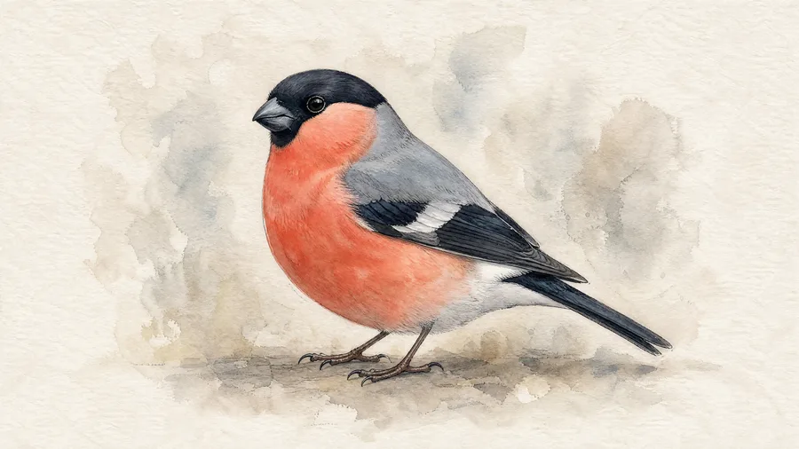 Watercolour portrait of a Eurasian Bullfinch with rose-pink breast.