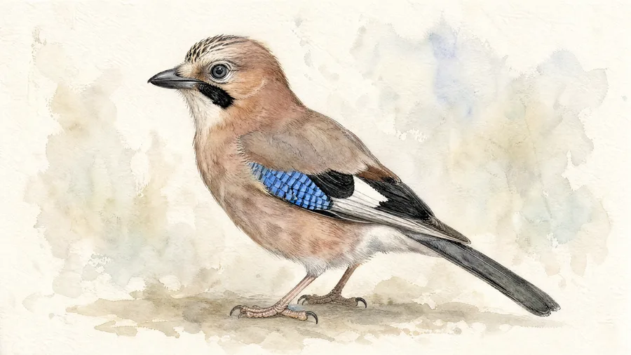 Watercolour portrait of a Eurasian Jay with pink plumage and blue wing flash.