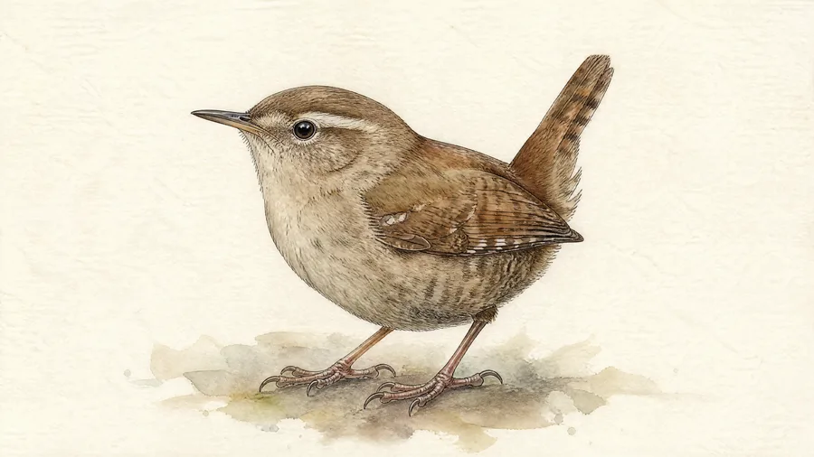Watercolour portrait of a Eurasian Wren with cocked tail.