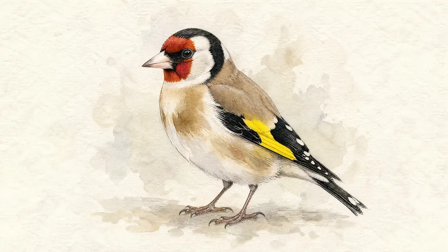 Watercolour portrait of a European Goldfinch with red face and gold wing bar.