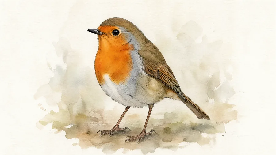 Watercolour portrait of a European Robin on a bare twig.