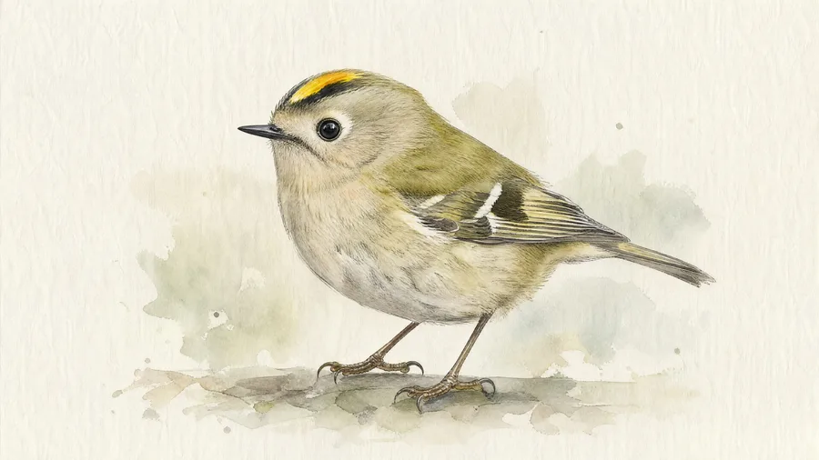 Watercolour portrait of a Goldcrest among conifer needles.