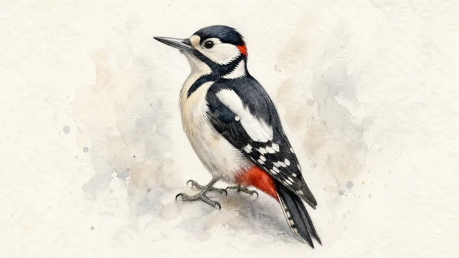Watercolour portrait of a Great Spotted Woodpecker on a trunk.