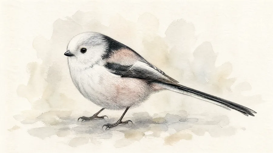 Watercolour portrait of a Long-tailed Tit perched on a thin branch.
