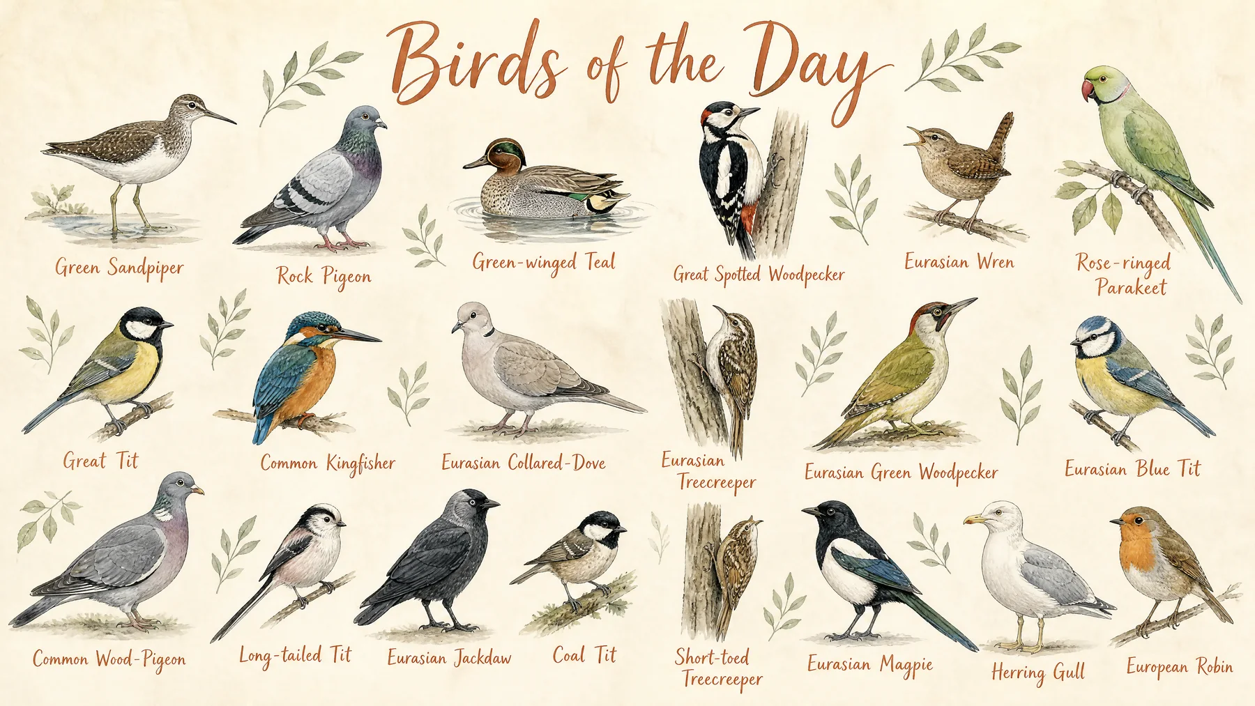 A watercolour &lsquo;Birds of the Day&rsquo; poster: a robin, blue tit, goldfinch and others painted on cream paper, each with its name lettered beneath.