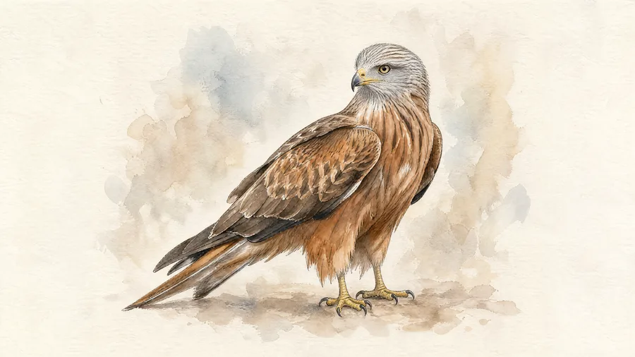 Watercolour portrait of a Red Kite with forked tail against a pale sky.