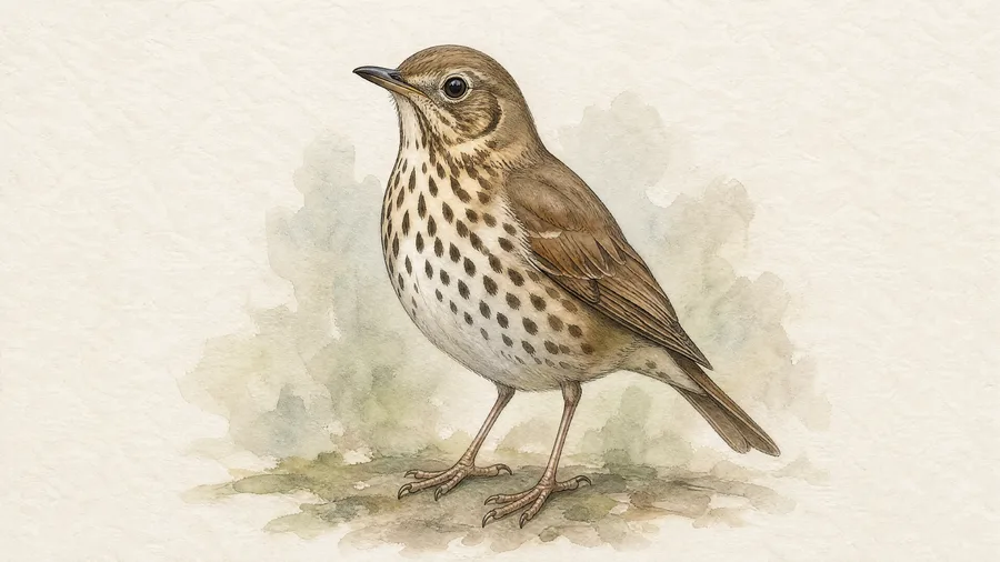 Watercolour portrait of a Song Thrush with speckled breast.